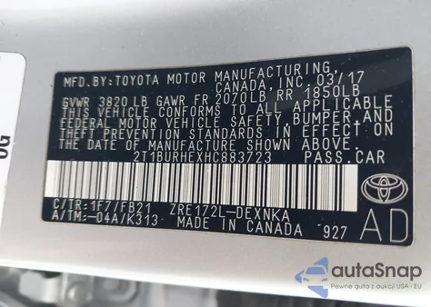 2017 Toyota Corolla Le z USA, uszkodzony, nr VIN 2T1BURHEXHC883723